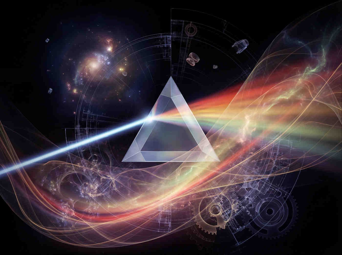 A crystal prism refracting a single beam of cold light into a warm, multi-colored spectrum.