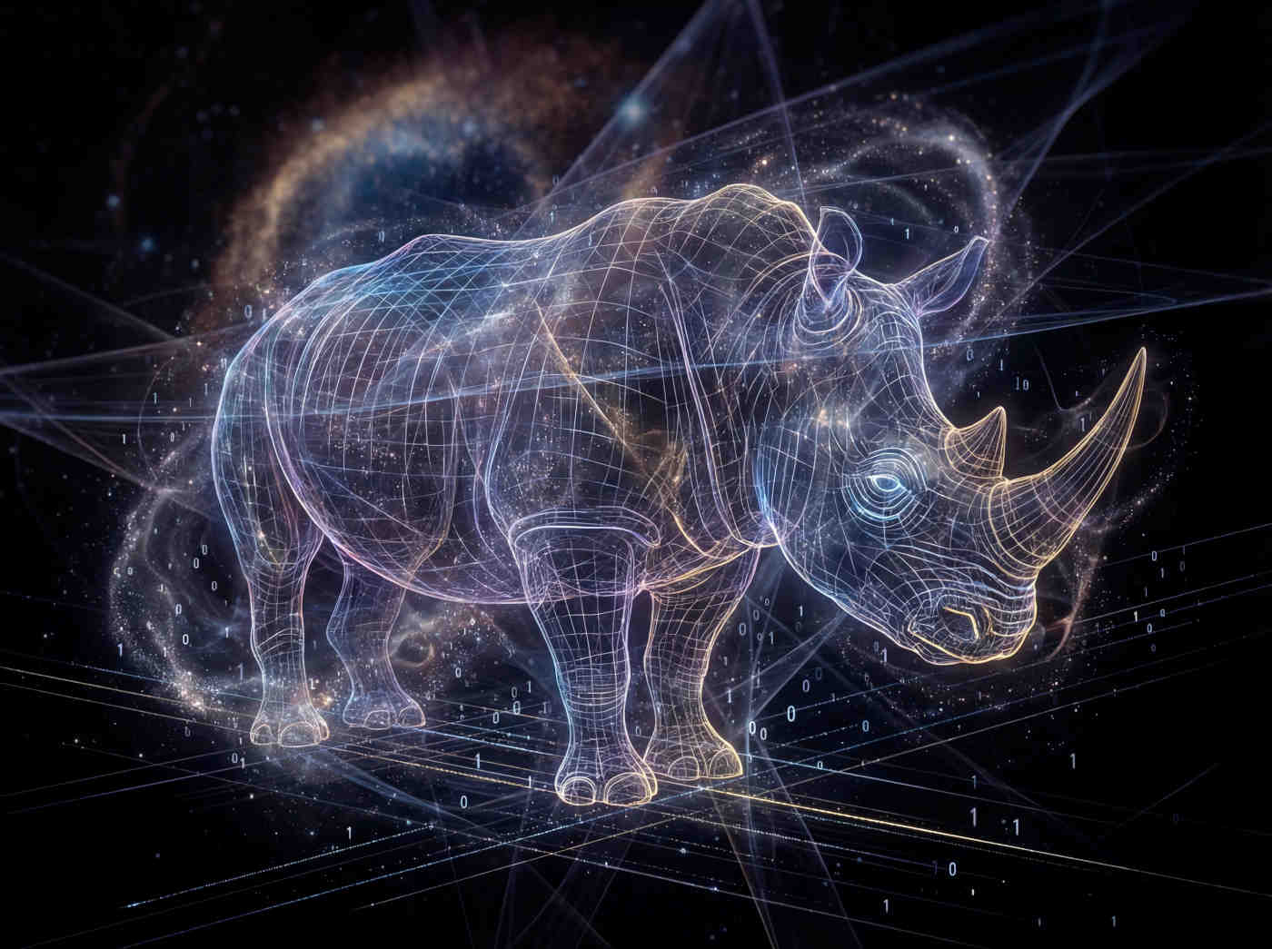 A digital wireframe of a vanishing animal (perhaps a Dodo or a Rhino) dissolving into data points against a dark background.